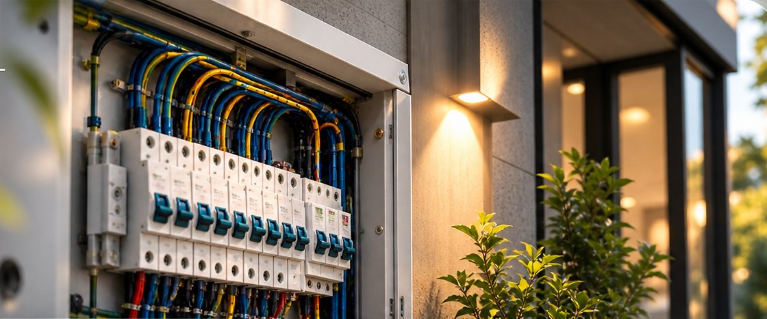 A metal consumer unit with the cover off, breakers and coloured cables visible