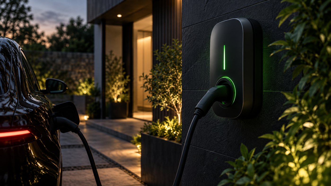 A wall-mounted EV charge point on a brick wall