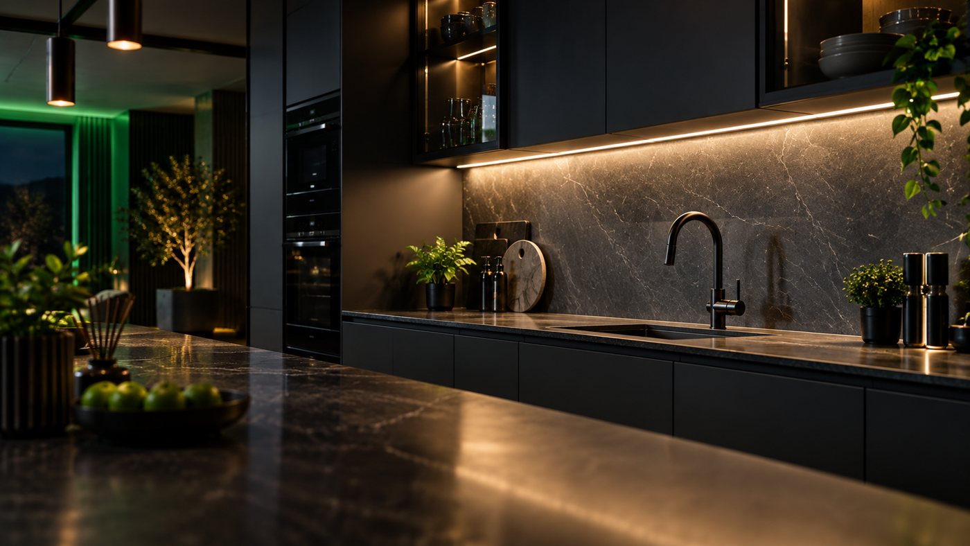 Under-cabinet lighting along a kitchen worktop