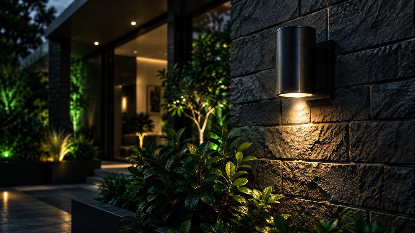 An outdoor wall light casting light down a stone wall